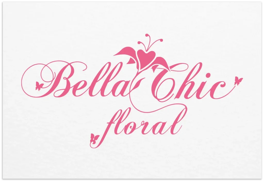 Elegant pink Bella Chic Floral logo with decorative script, a flower and butterflies