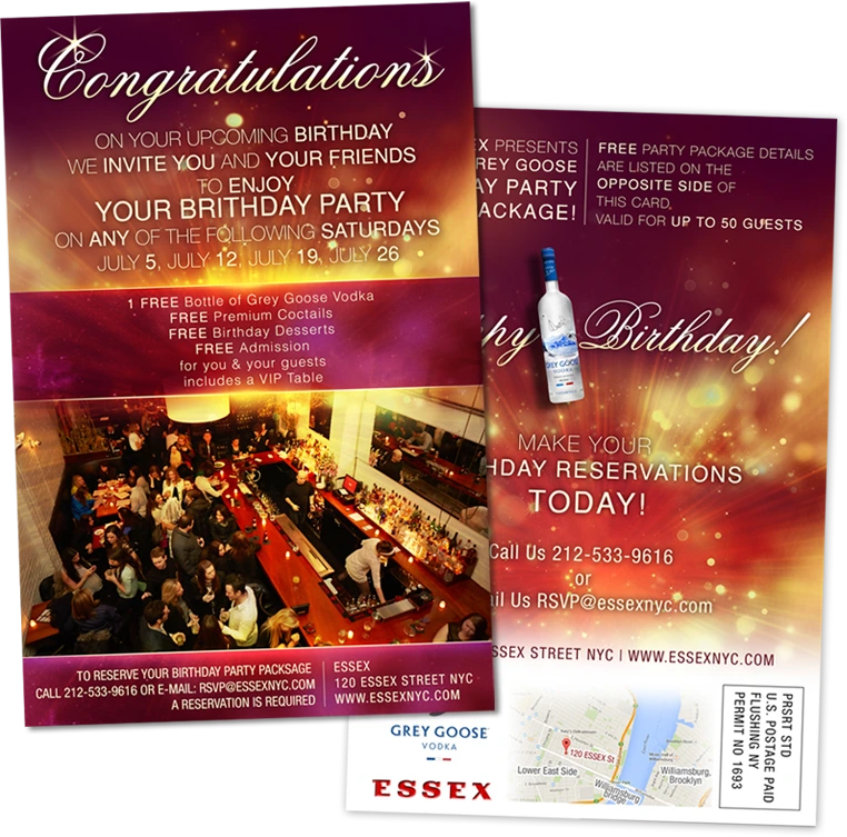 Birthday invitation postcard design for a restaurant and event venue with festive colors, party photography and reservation details.