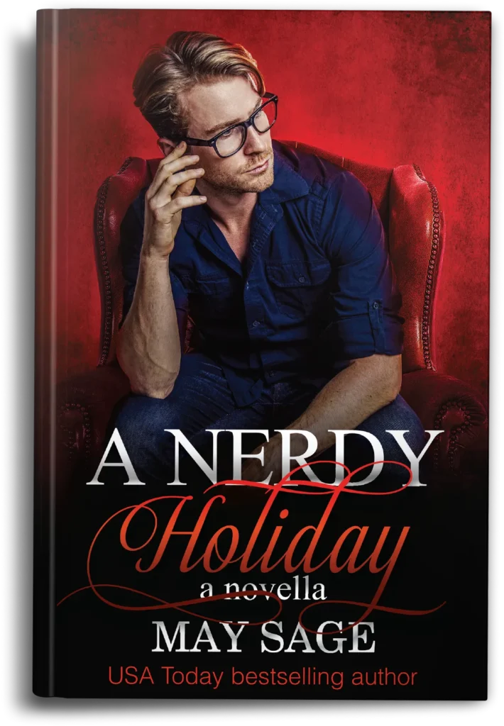 Contemporary romance book cover design with male character, red background, elegant typography and dramatic composition.