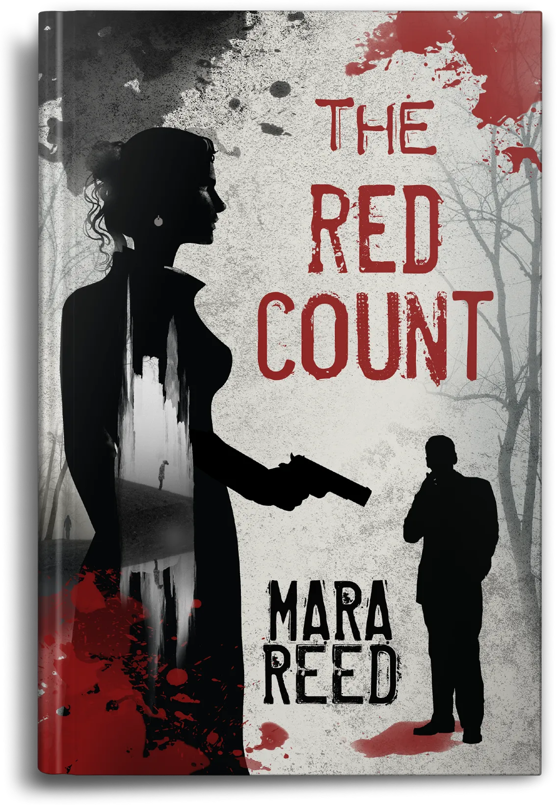 Crime thriller book cover design with female silhouette, gun, red accents, dark forest background and distressed typography.