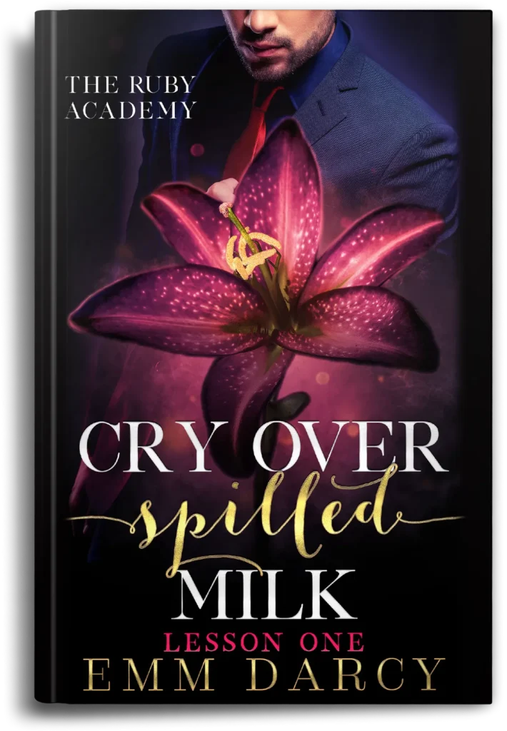 Dark romance book cover design with male portrait, ruby flower, dramatic lighting and elegant typography.