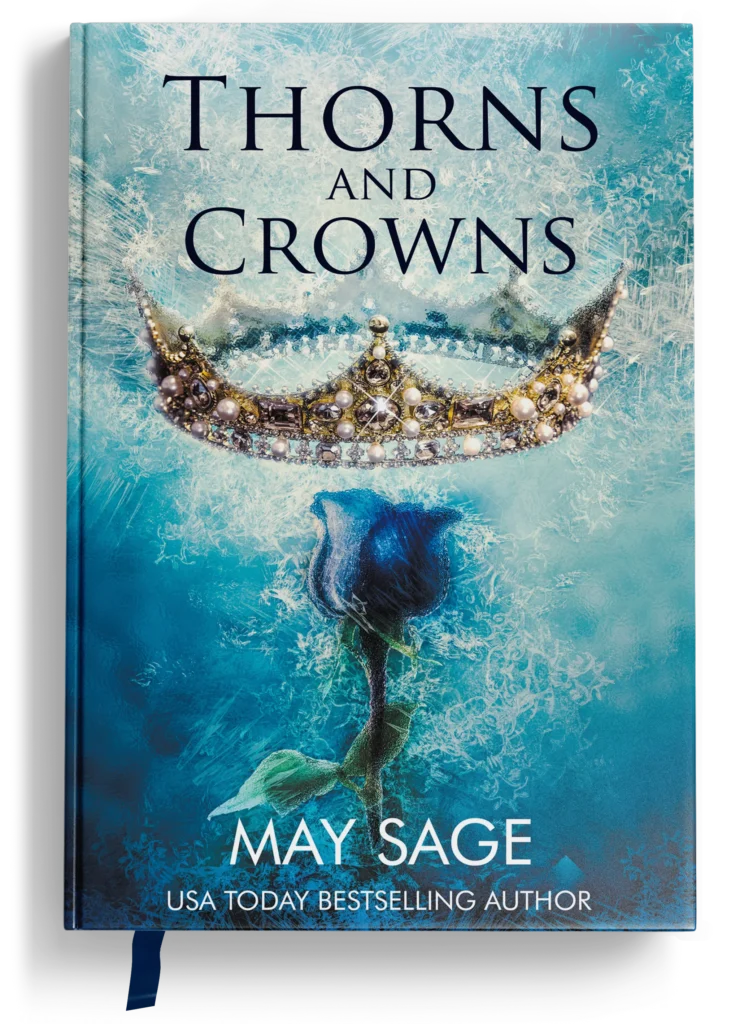 Fantasy romance full book cover design with crown, blue rose, icy background, front cover, spine and back cover layout.