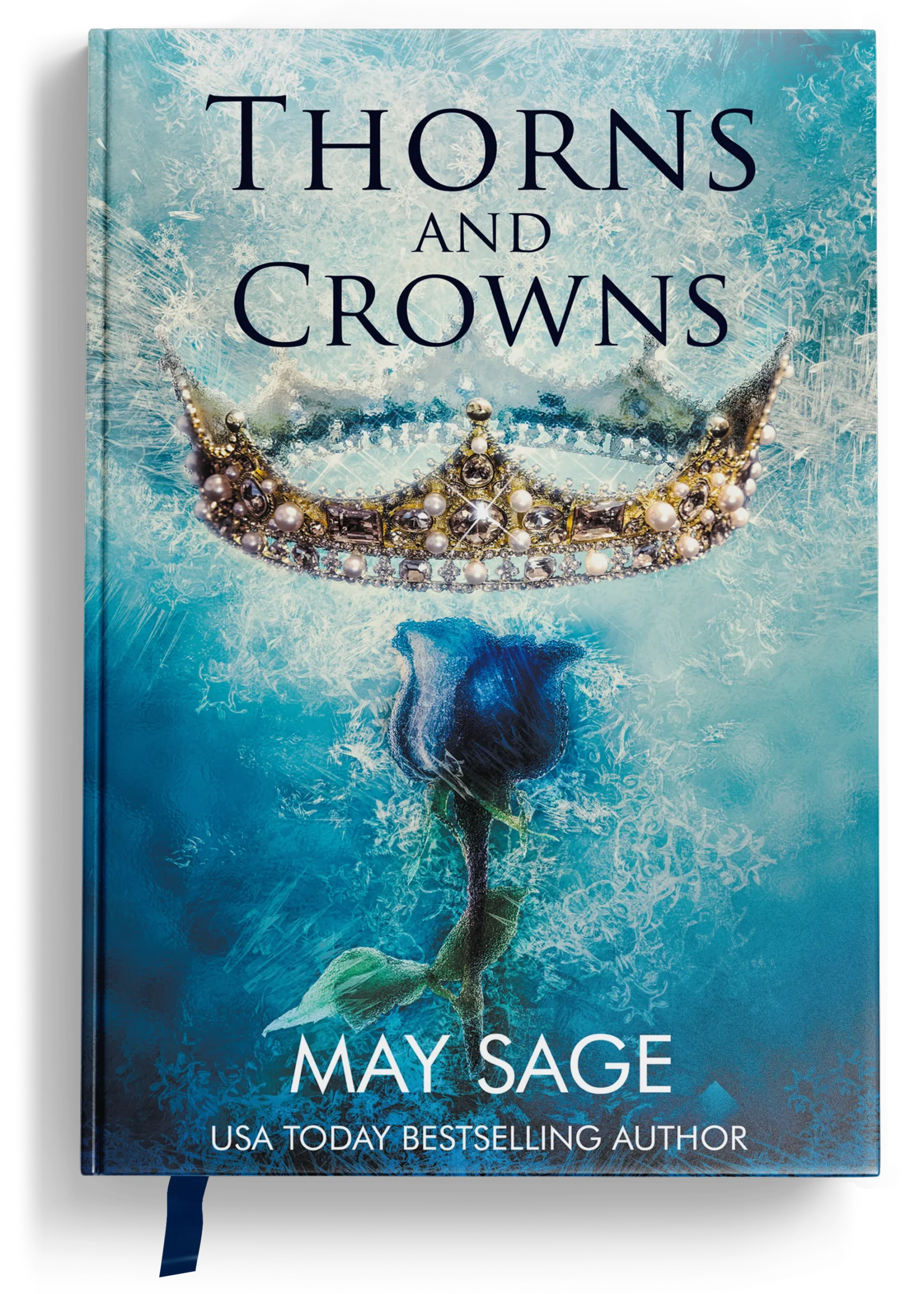 Fantasy romance full book cover design with crown, blue rose, icy background, front cover, spine and back cover layout.