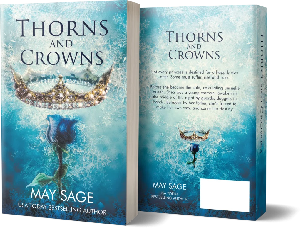 Fantasy romance full book cover design with crown, blue rose, icy background, front cover, spine and back cover layout.