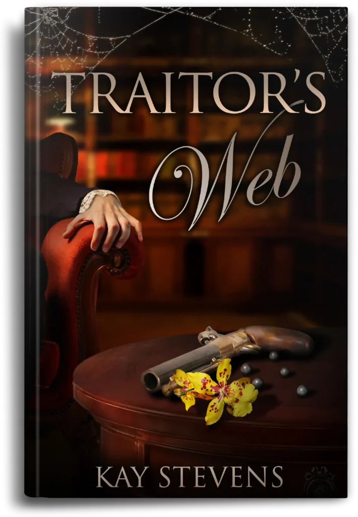 Historical mystery thriller full book cover design with vintage pistol, flower, dark interior, front cover, spine and back cover layout.