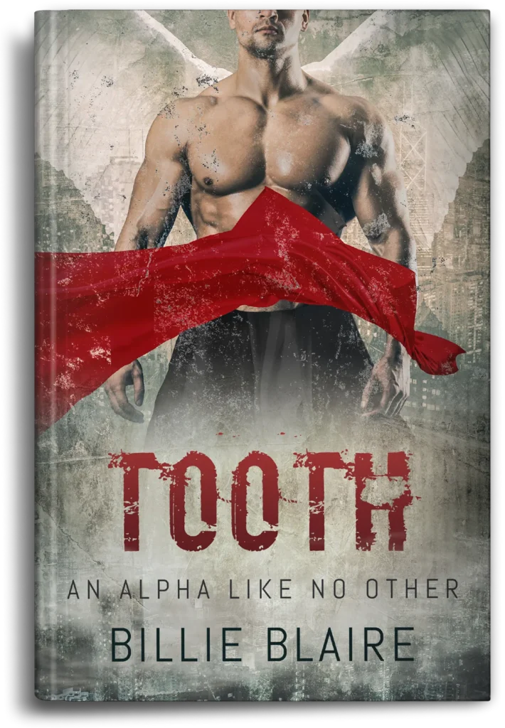 Paranormal romance book cover design with powerful male figure, wing shapes, red fabric, urban background and distressed typography.