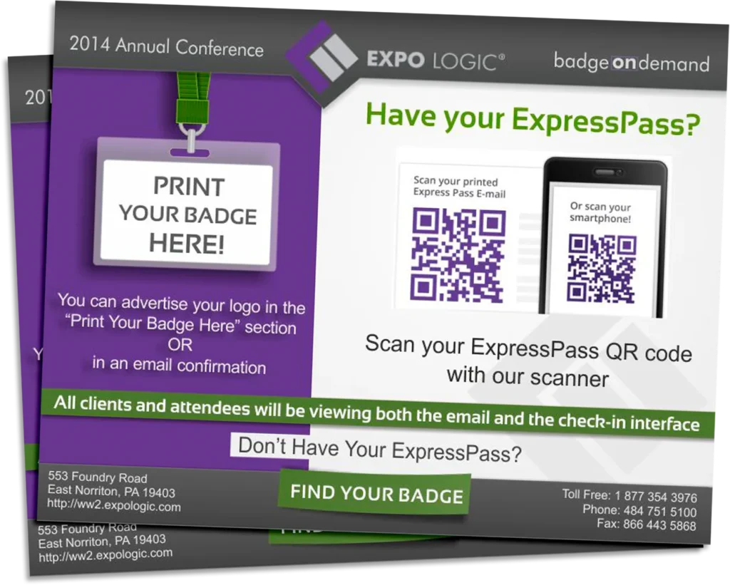 Conference flyer design for event technology services with QR codes, badge printing instructions and check-in layout.