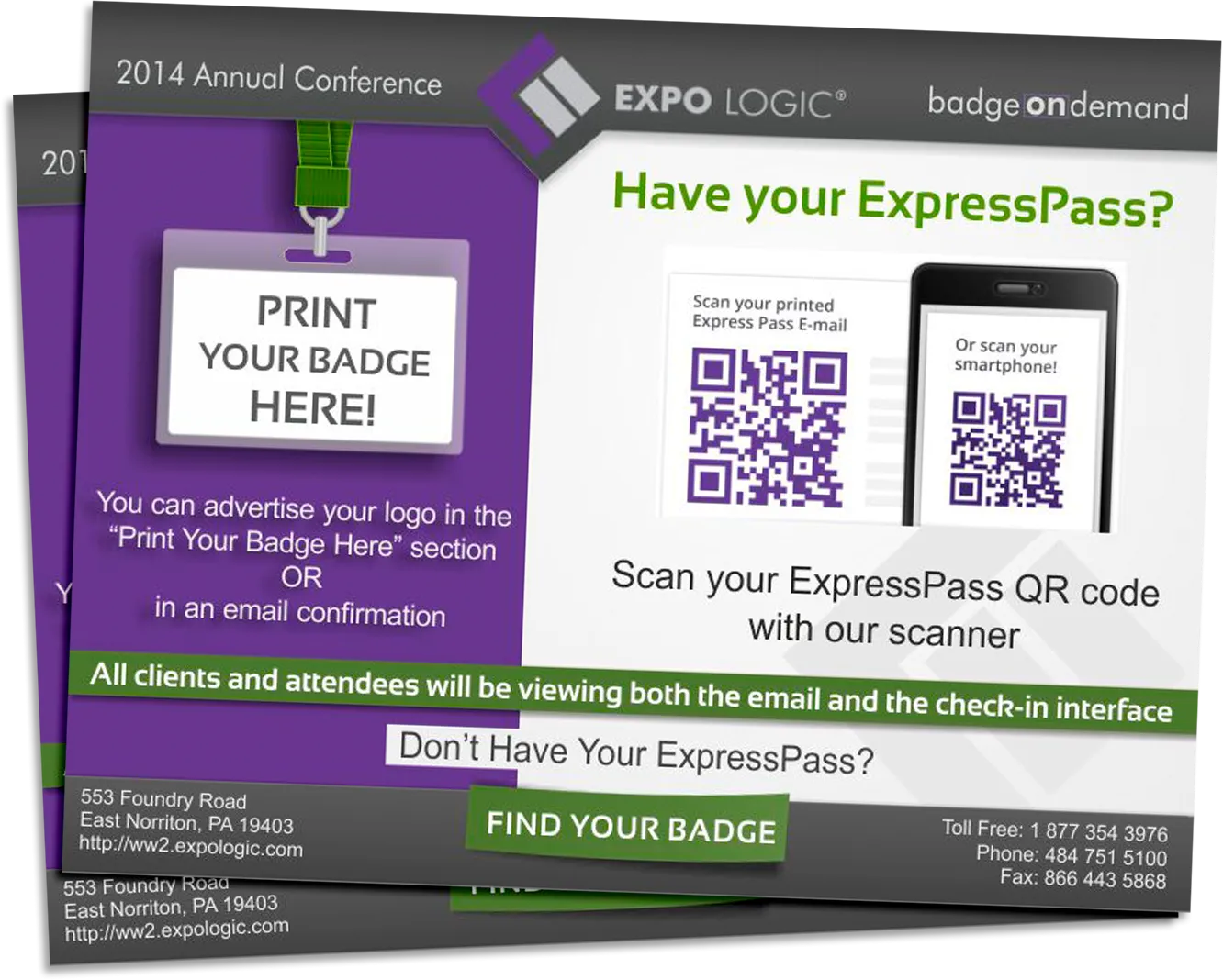 Conference flyer design for event technology services with QR codes, badge printing instructions and check-in layout.