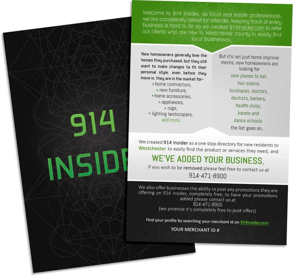 Direct mail flyer design for a local business directory with green accents, service information and professional print layout.