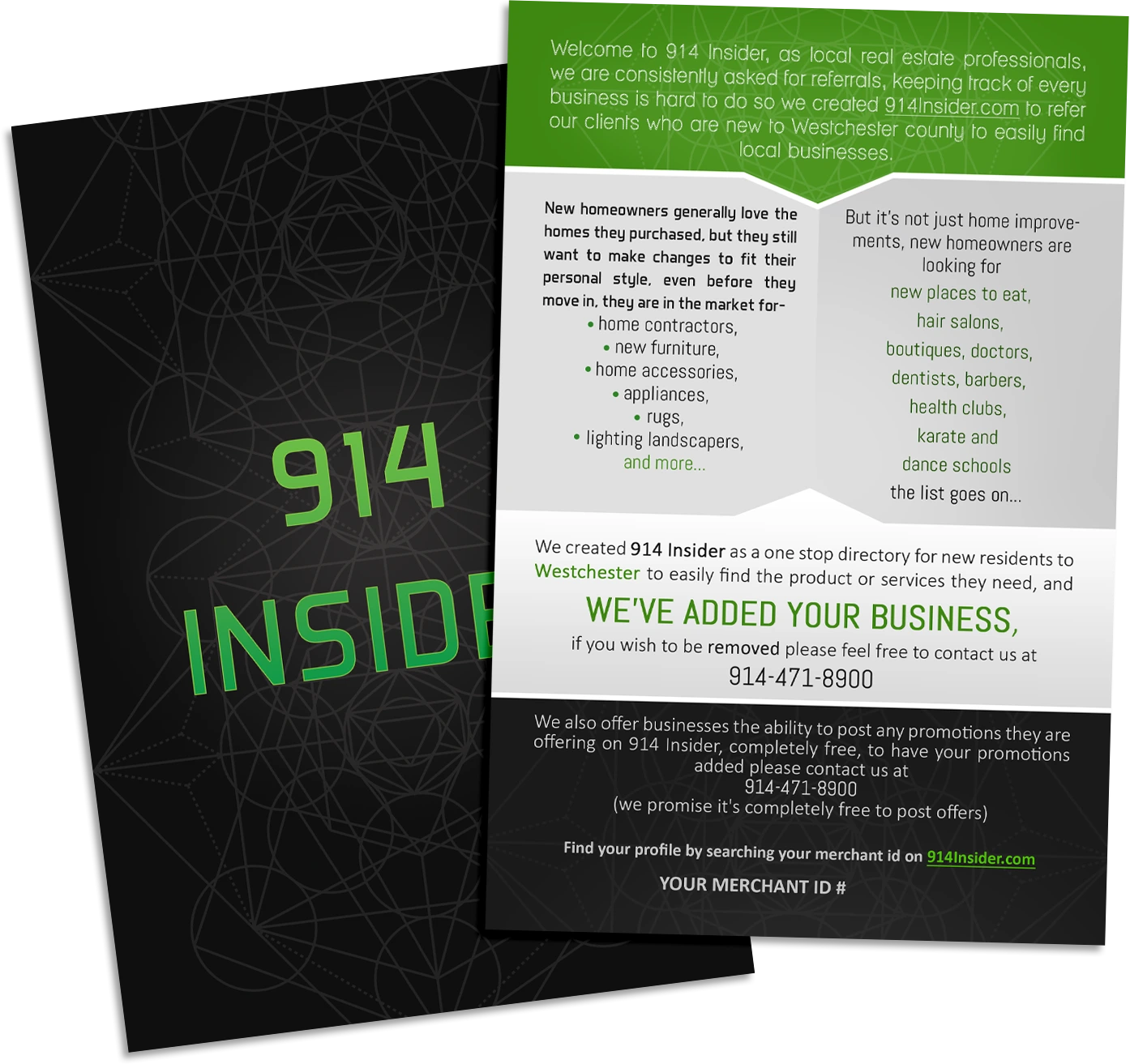 Direct mail flyer design for a local business directory with green accents, service information and professional print layout.