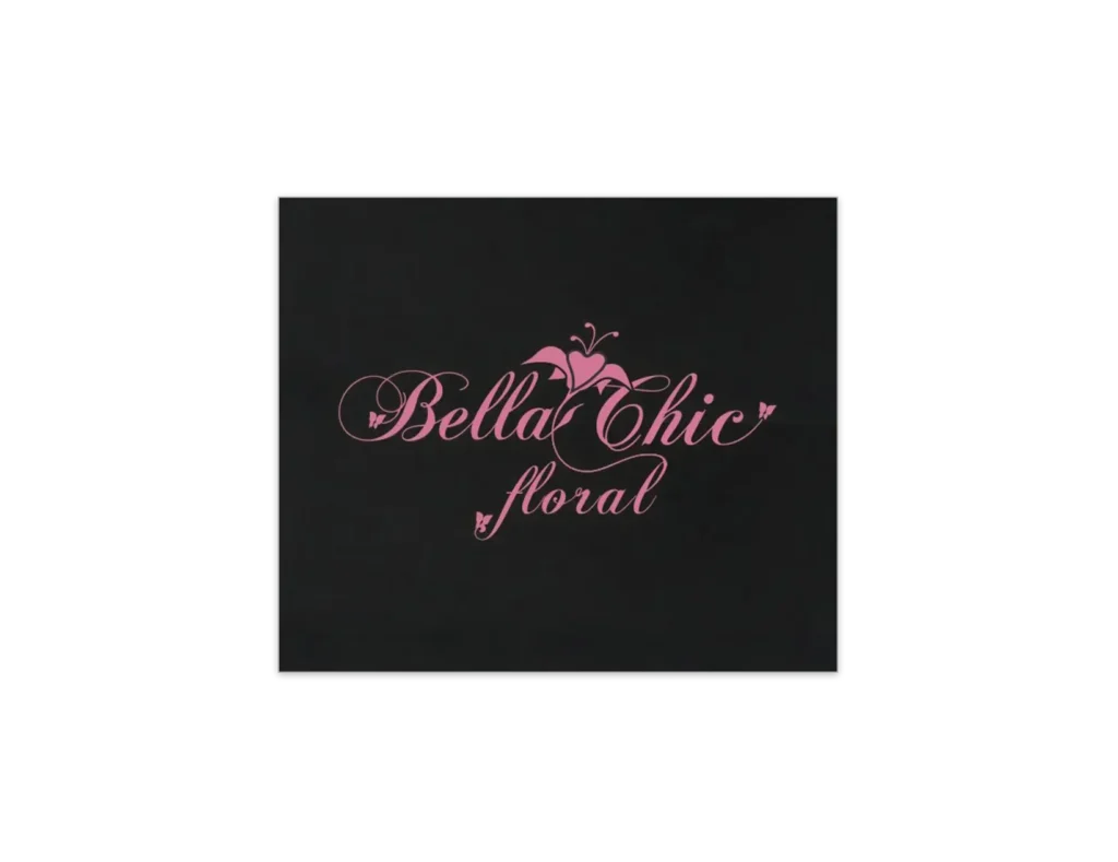 Elegant flower shop logo design with pink script typography and floral decorative elements on a dark background.