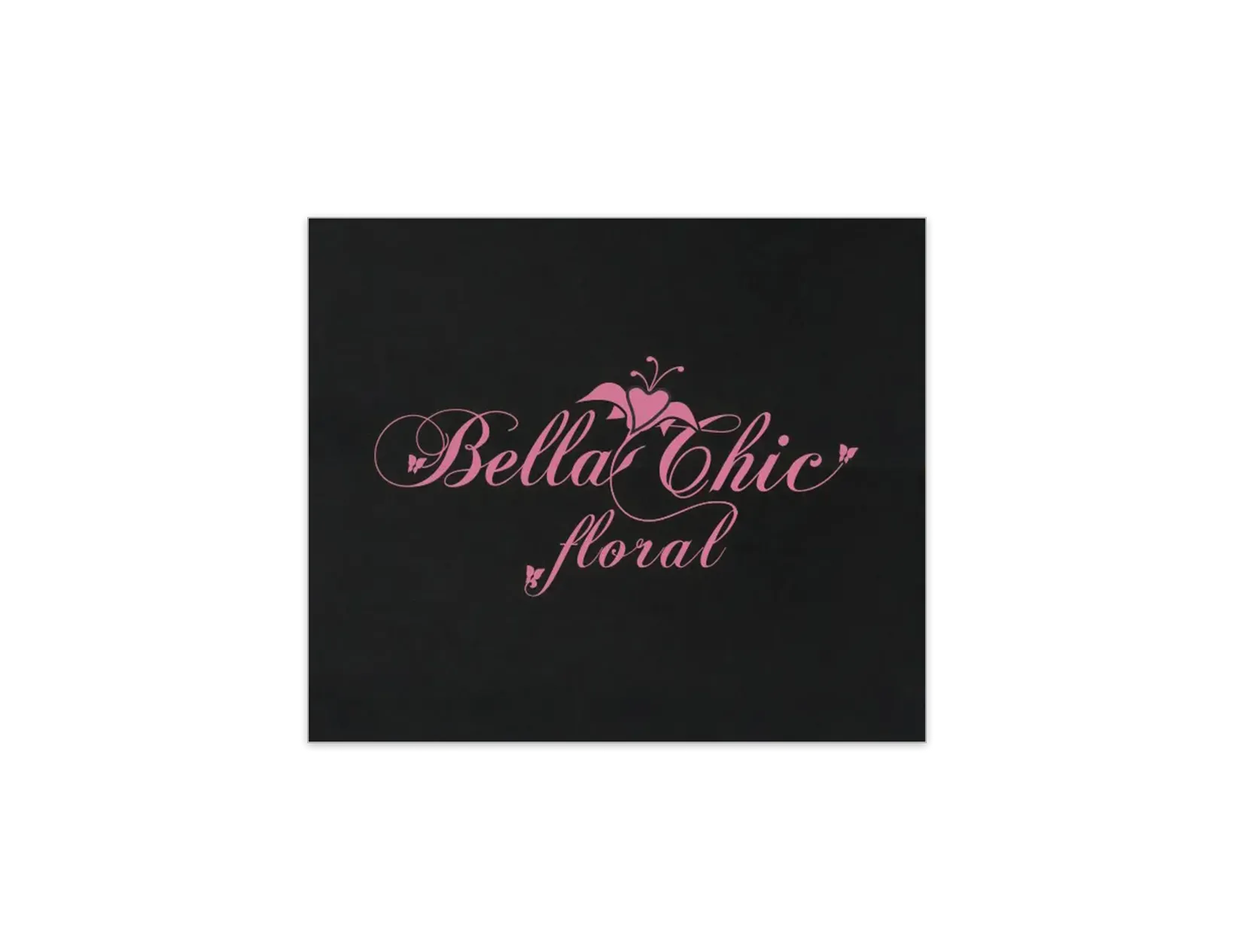 Elegant flower shop logo design with pink script typography and floral decorative elements on a dark background.