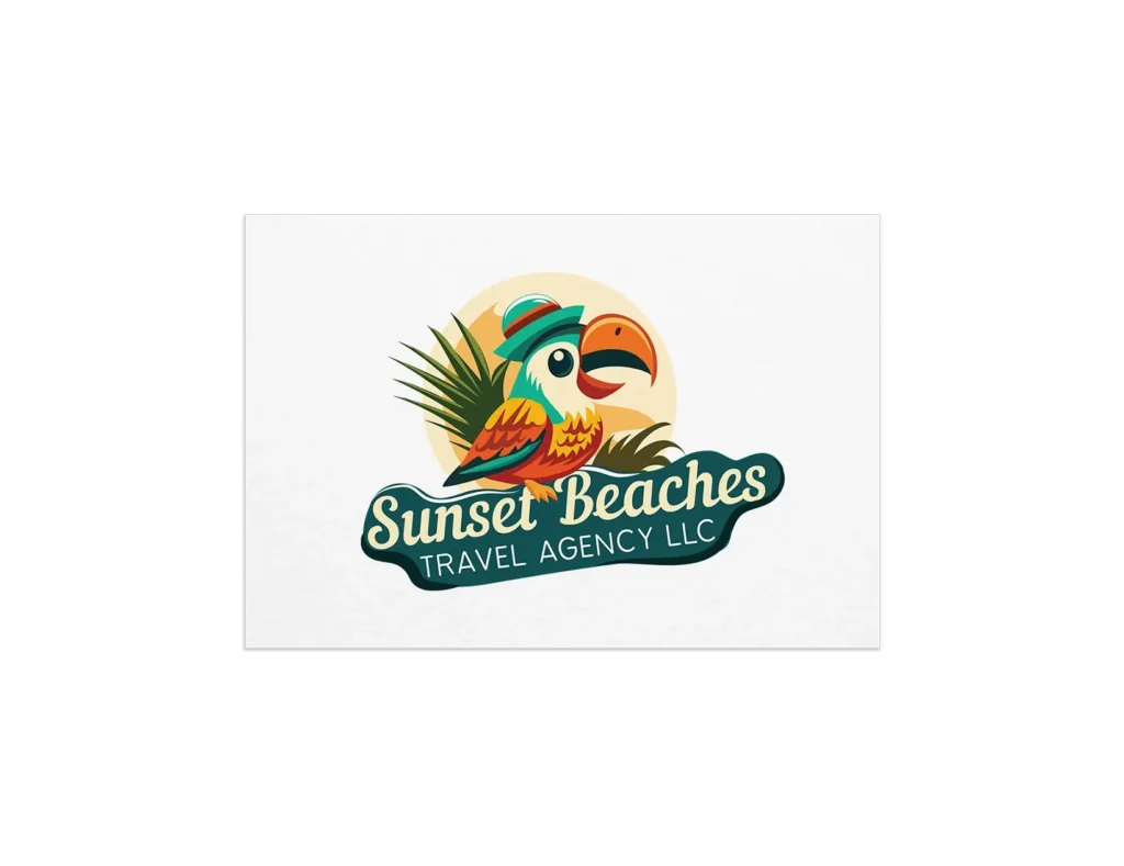 Colorful travel agency logo design with tropical bird, palm leaves and sunset-inspired branding.