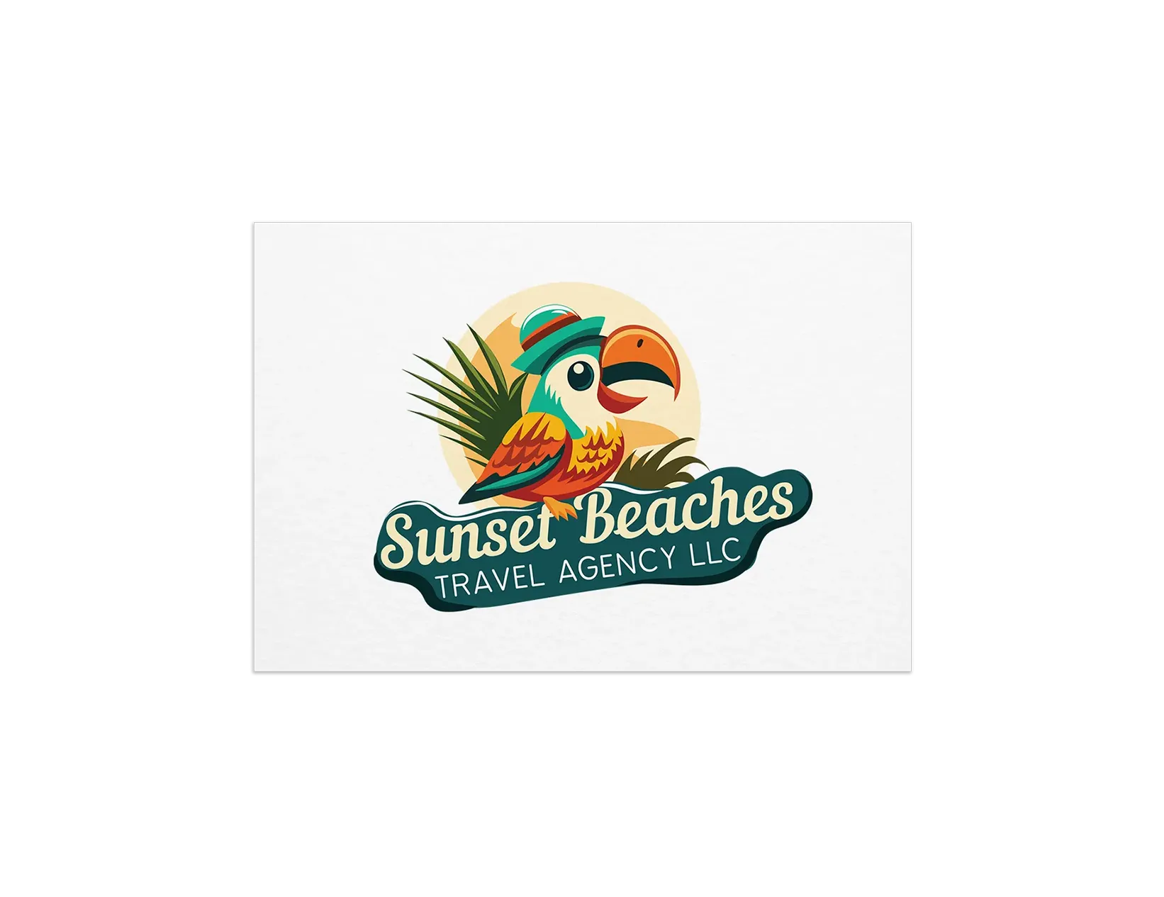 Colorful travel agency logo design with tropical bird, palm leaves and sunset-inspired branding.