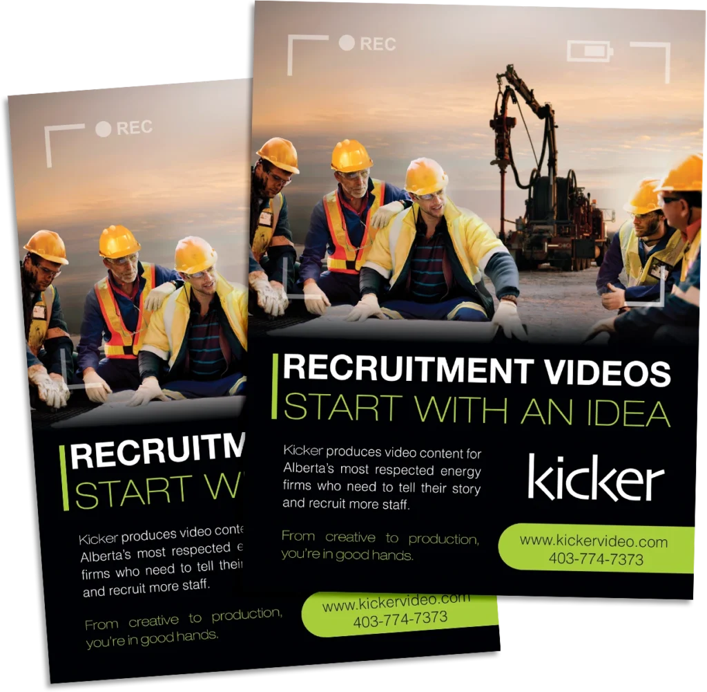 Promotional flyer design for corporate recruitment video production with industrial workers and cinematic layout.