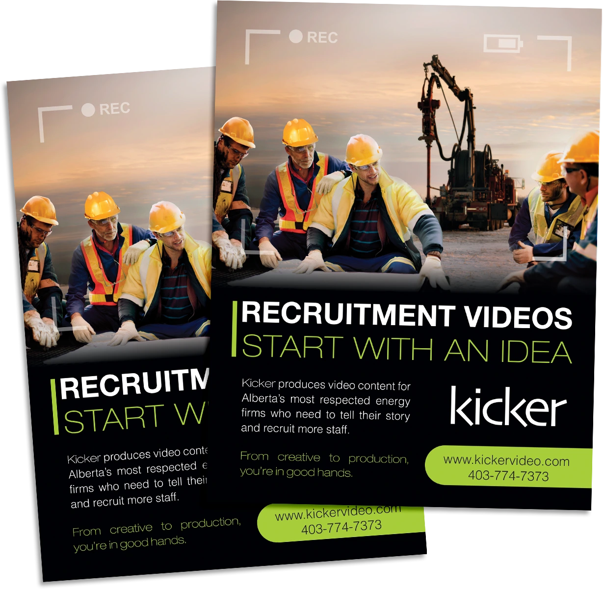 Promotional flyer design for corporate recruitment video production with industrial workers and cinematic layout.