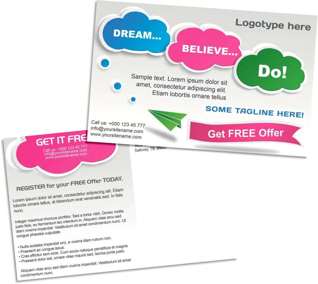 Promotional postcard design for a marketing campaign with colorful call-to-action graphics and front and back layout.