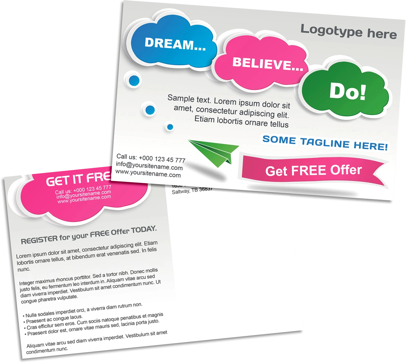 Promotional postcard design for a marketing campaign with colorful call-to-action graphics and front and back layout.