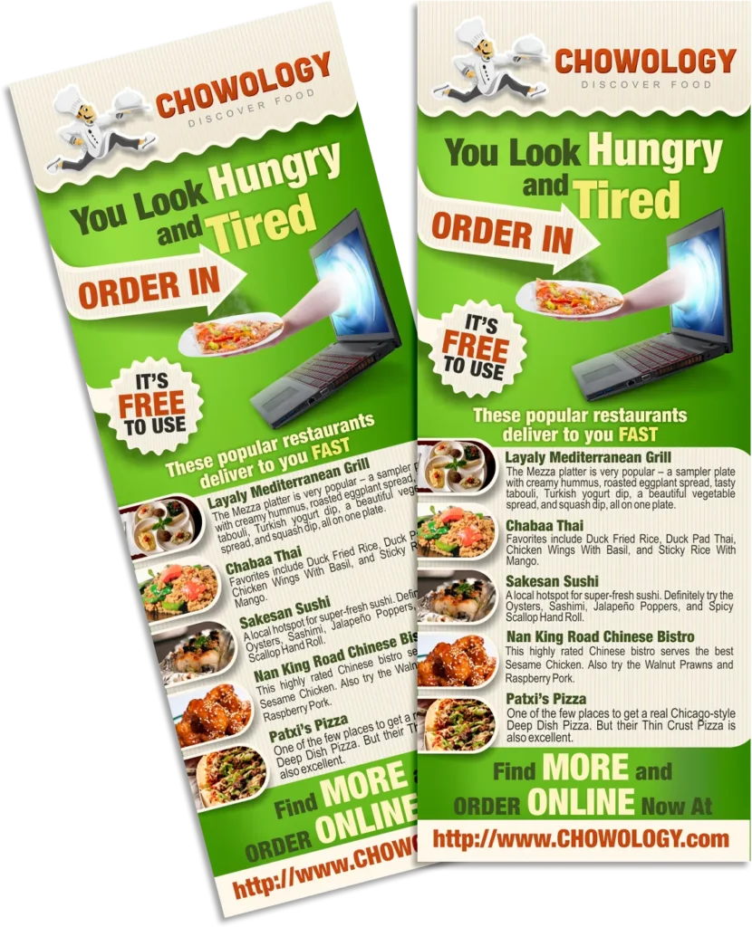 Restaurant flyer design for food delivery service with food photography, bold typography and online ordering call-to-action.
