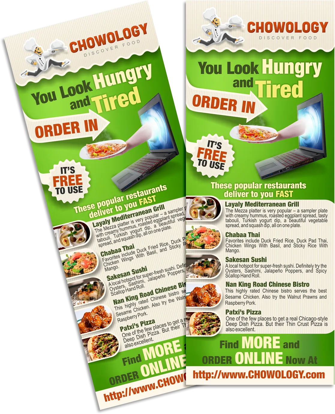 Restaurant flyer design for food delivery service with food photography, bold typography and online ordering call-to-action.