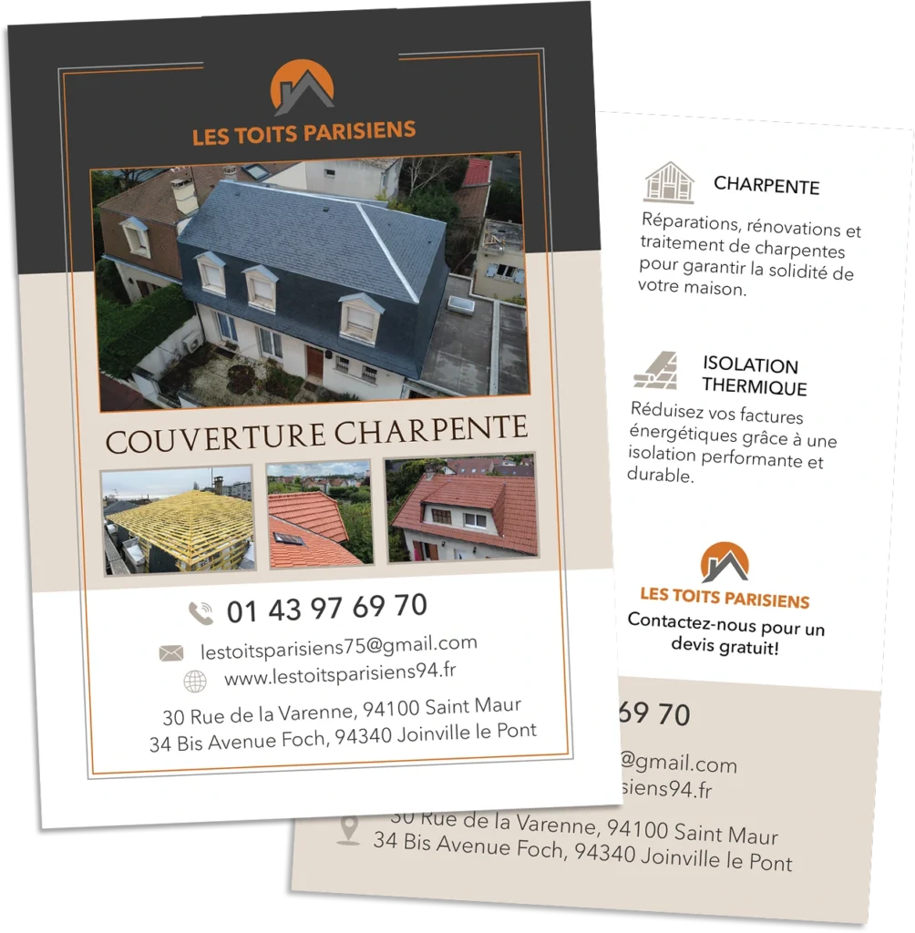 Roofing and renovation flyer design with service icons, project photos and professional contact layout.