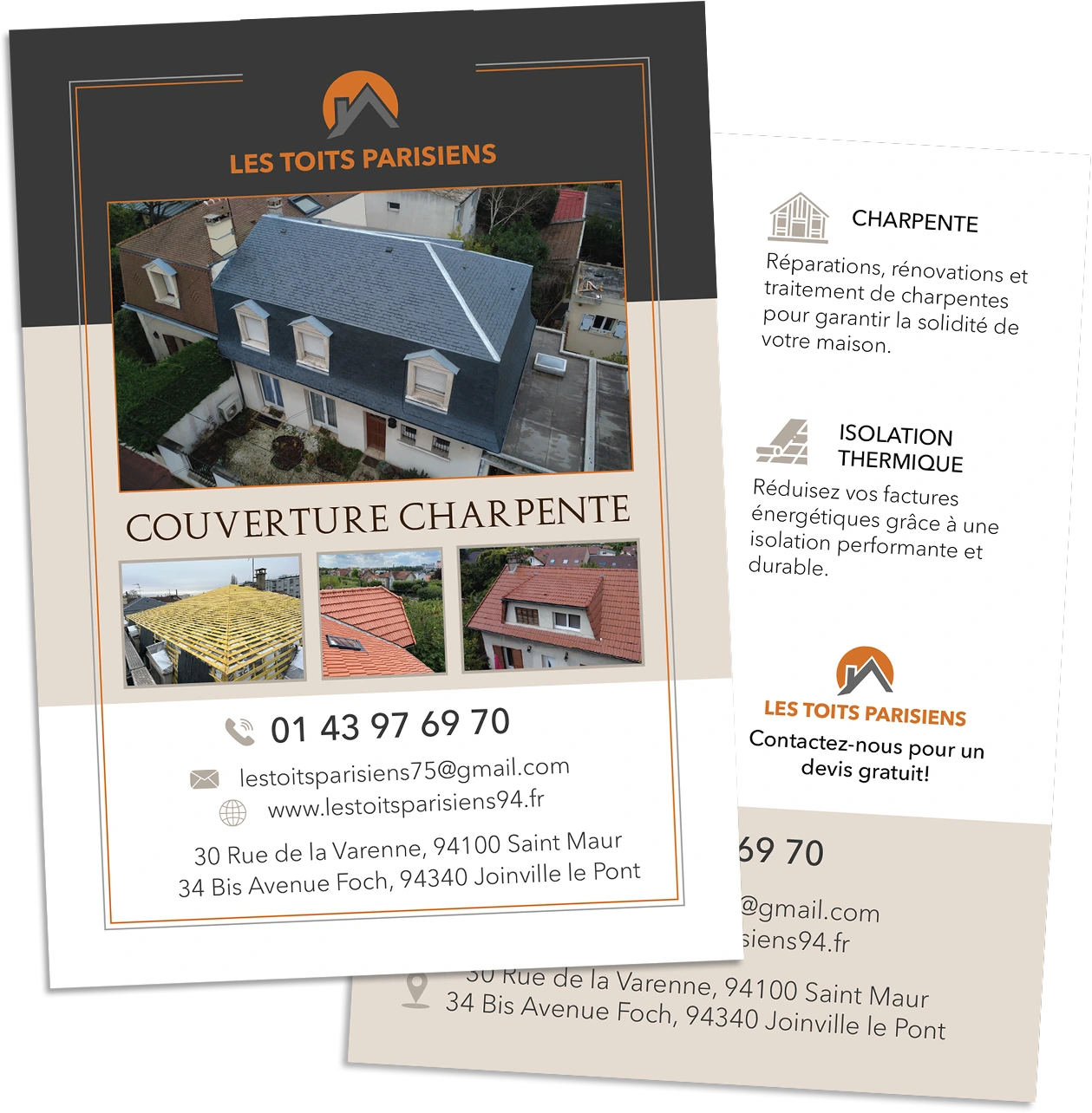 Roofing and renovation flyer design with service icons, project photos and professional contact layout.