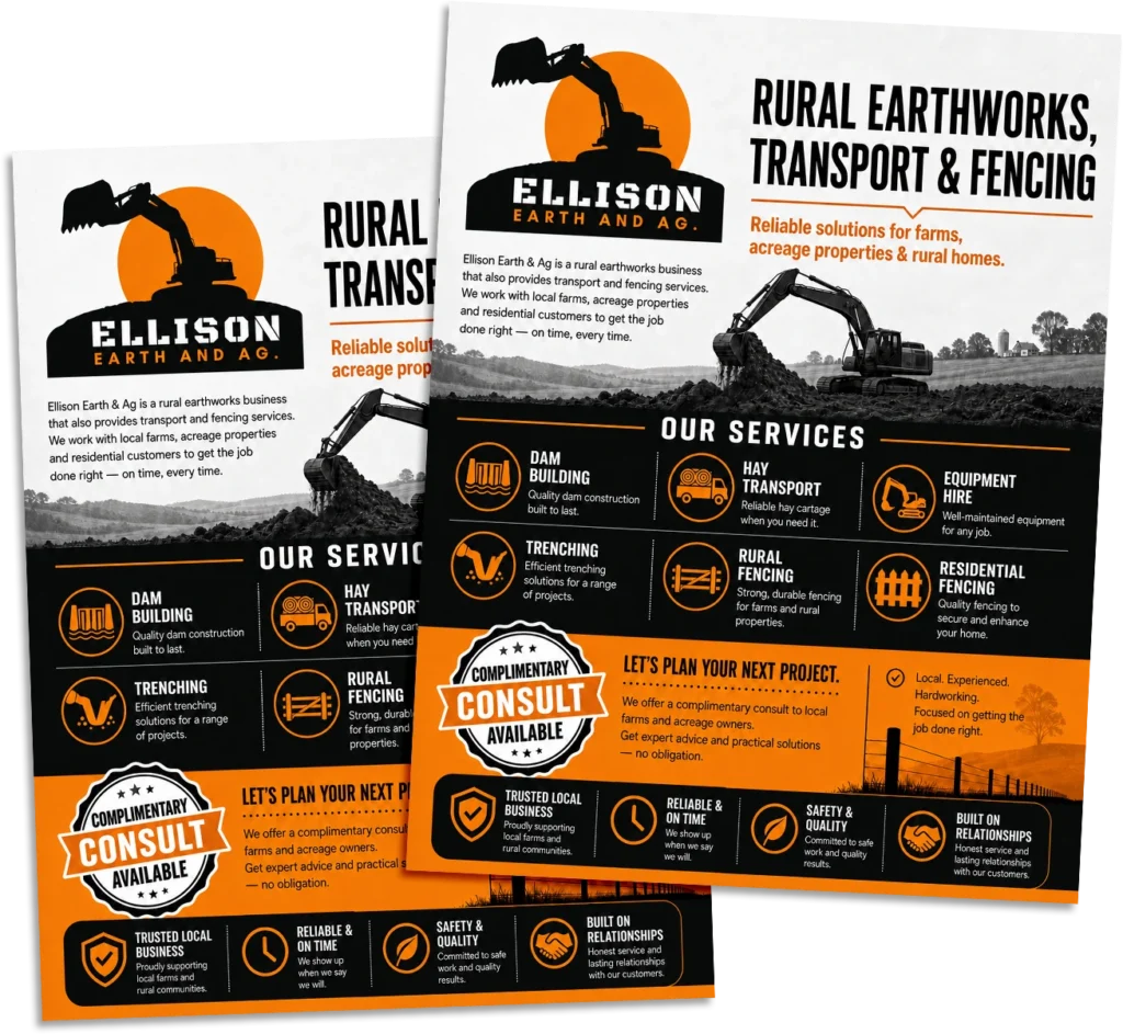 Service flyer design for a construction, earthworks, transport and fencing company with machinery images and orange industrial branding.