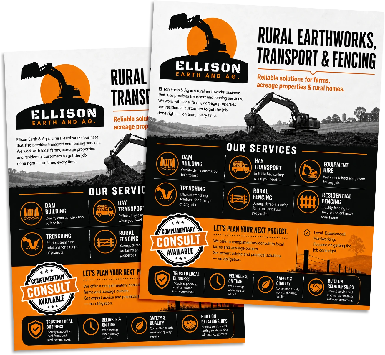 Service flyer design for a construction, earthworks, transport and fencing company with machinery images and orange industrial branding.