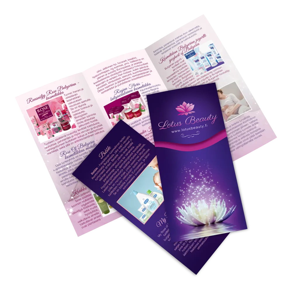 Tri-fold brochure design for a beauty salon and spa with floral imagery, skincare products and elegant purple branding.