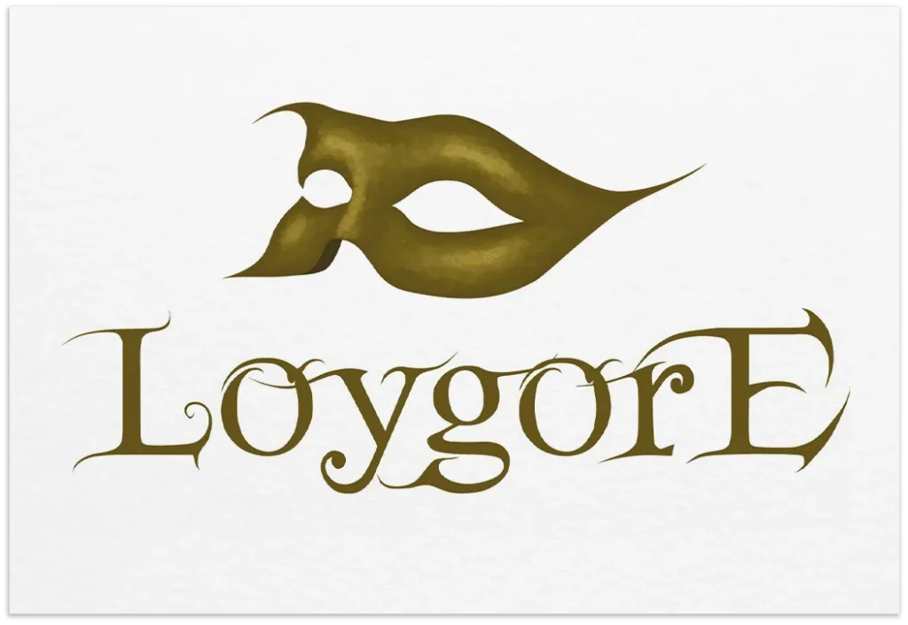Elegant Loygore logo design with a stylized gold masquerade mask