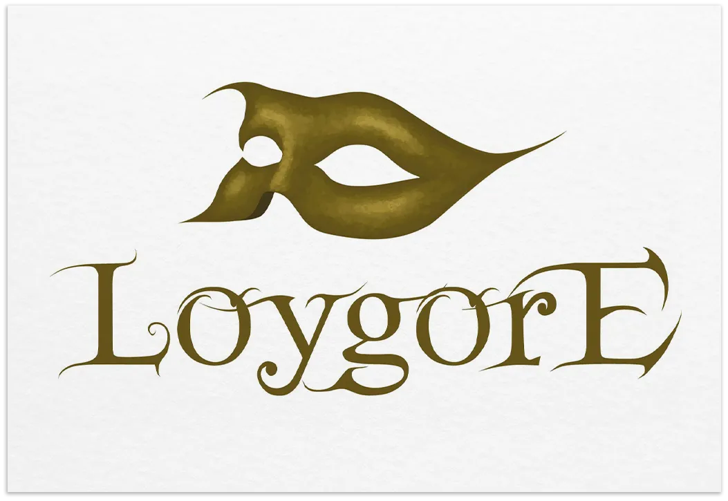 Elegant Loygore logo design with a stylized gold masquerade mask