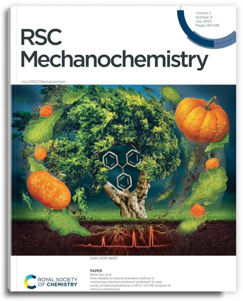 Scientific cover artwork for a chemistry journal with tree illustration, molecular structures, organic elements and research-inspired visual concept.