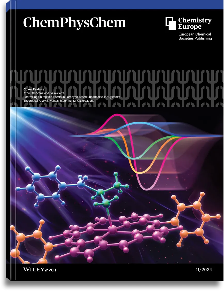 Scientific cover artwork for a physical chemistry journal with molecular structures, colorful spectral curves and abstract light effects.