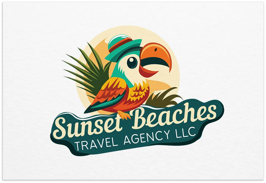 Colorful Sunset Beaches Travel Agency logo with a tropical toucan and palm leaves
