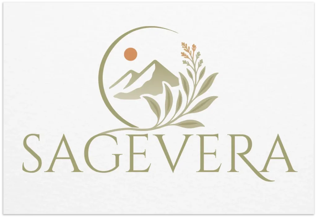 Sagevera natural brand logo with mountains, botanical branches and a warm sunset