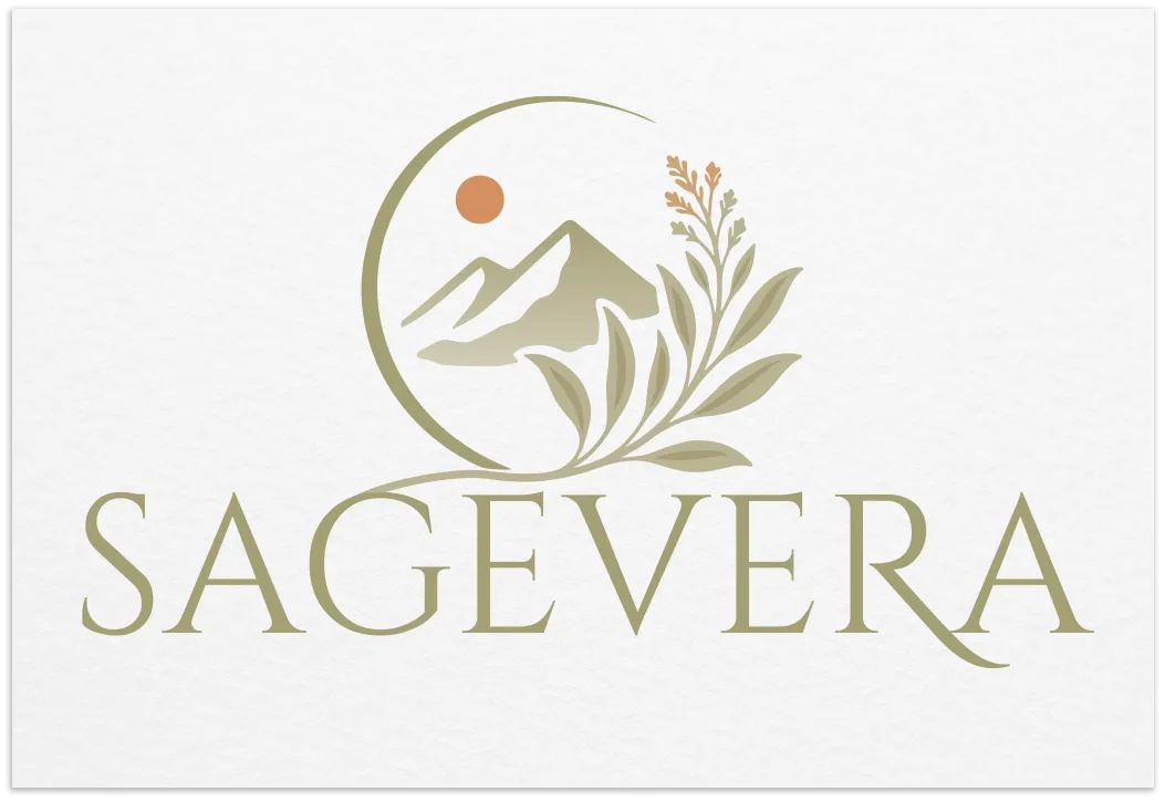 Sagevera natural brand logo with mountains, botanical branches and a warm sunset